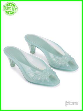 Women's Kitten Heel Slip On PVC Jelly Sandals Peep Toe Bow Slide Summer Shoes